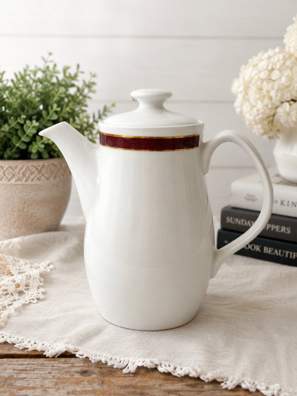 Vintage Steelite International Creamer Pitcher White Burgundy Red Gold Band 6"